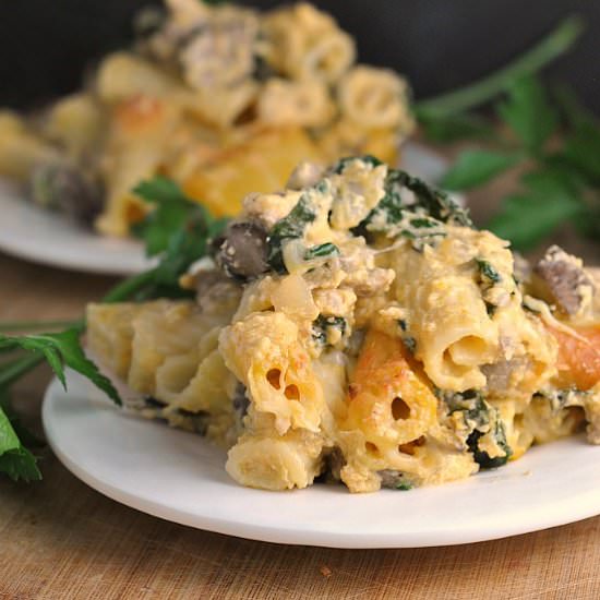 Pumpkin, Kale, & Sausage Pasta Bake