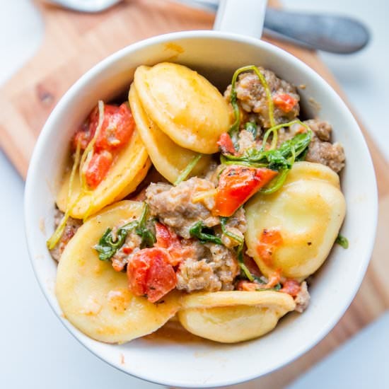 One Pot Ravioli and Sausage Skillet