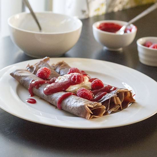 Chocolate Crepes w/ Raspberry Sauce