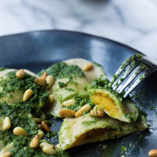 Squash Ravioli w/ Kale Pesto (GF)