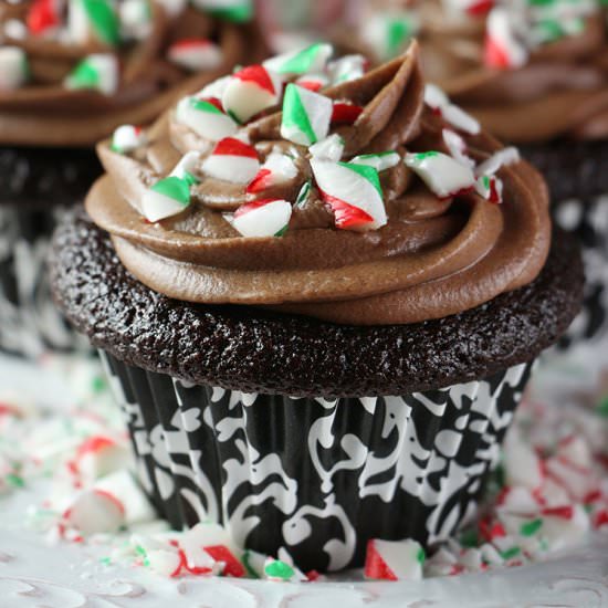Peppermint-Filled Dark Chocolate Cupcakes