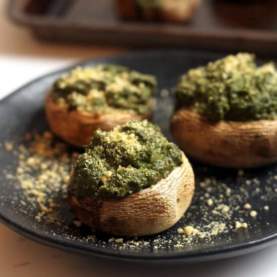 Basil Hummus Stuffed Mushrooms