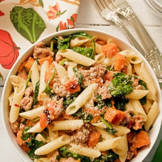 Sausage, squash and spinach pasta