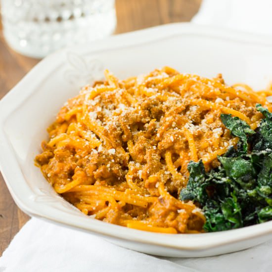 GF Creamy Pumpkin and Turkey Spaghetti
