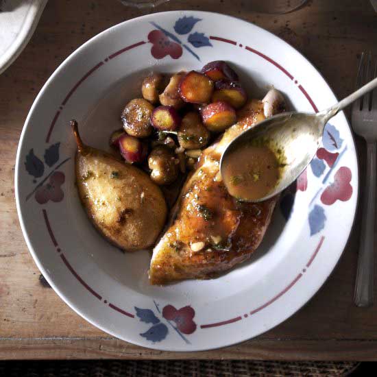 Roast Guineafowl + Chestnuts + Pears
