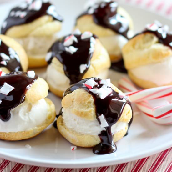 Profiteroles with Peppermint Fudge