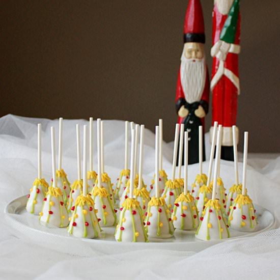 White Christmas tree cake pops