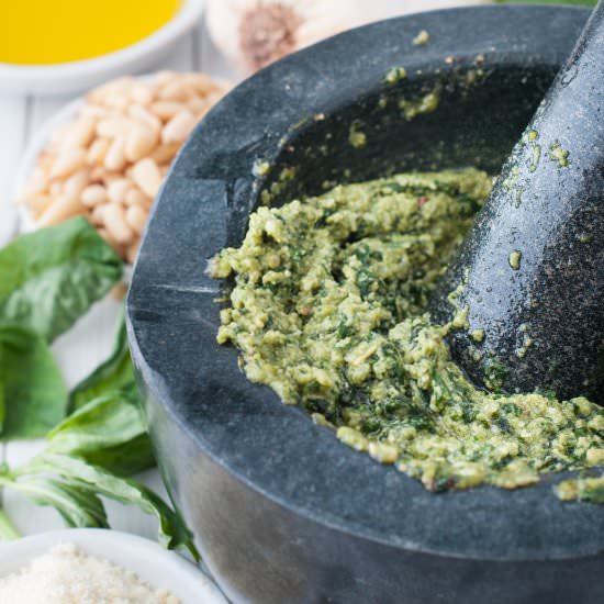 Mortar and Pestle Basil Pesto