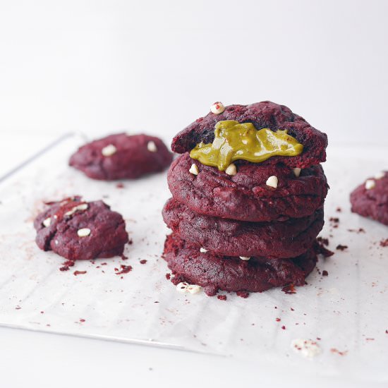 Matcha Stuffed Red Velvet Cookies