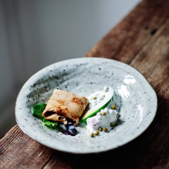 Savory crepes with greens and ham