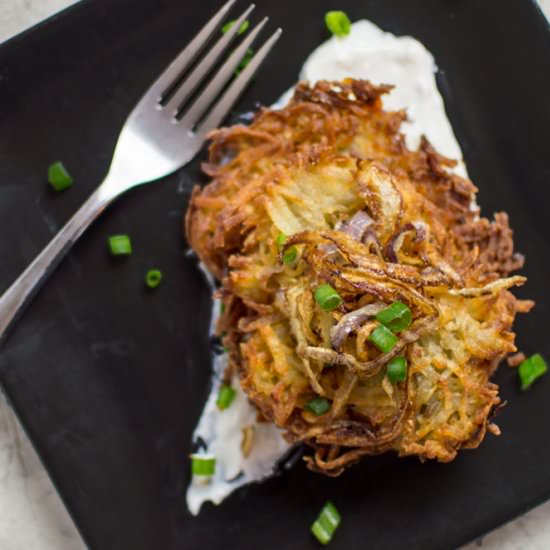 Twice-Cooked Latkes & Shallot Cream
