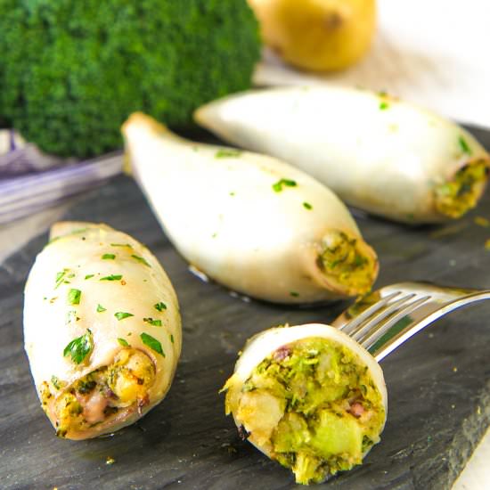 Stuffed Squid with Potatoes and Broccoli