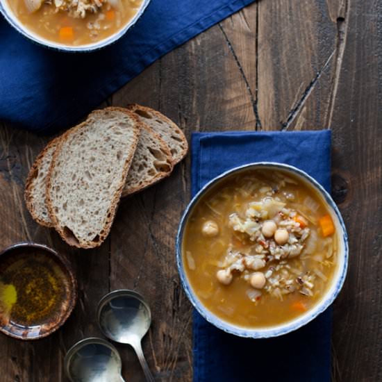 Rustic Cabbage Chickpea & Rice Soup