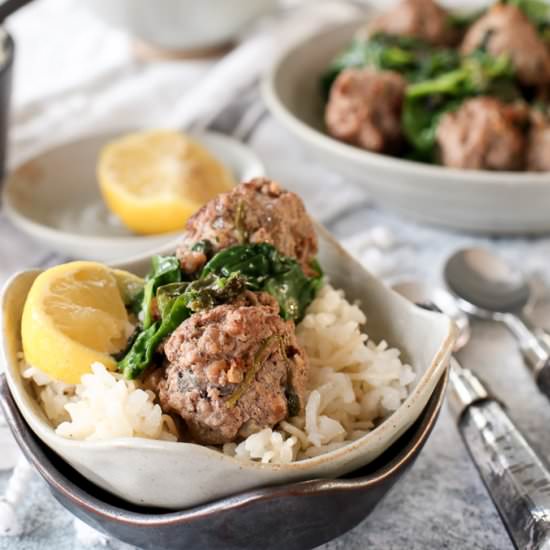 Syrian Lemony Spinach + Meatballs