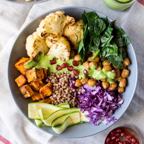 Goodness bowl with a green sauce