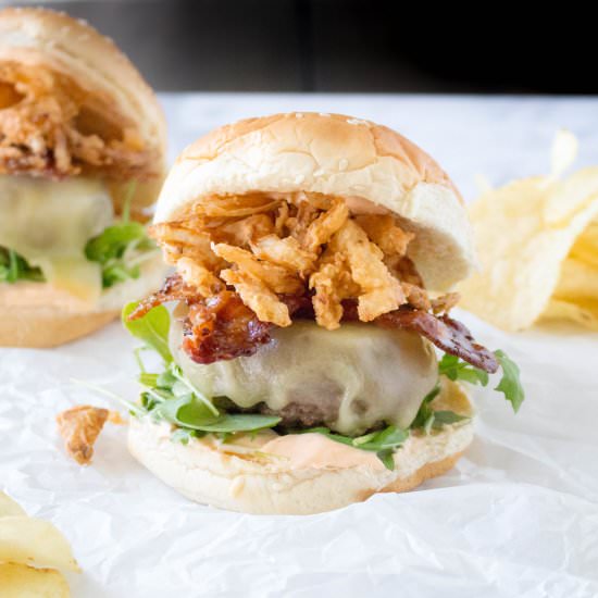 Burgers with Stout Glazed Bacon