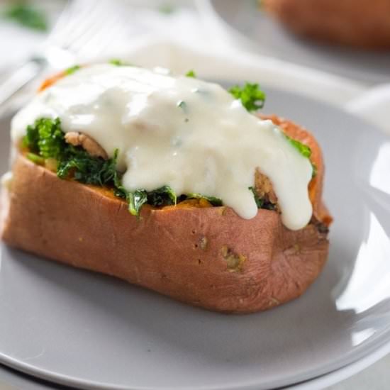 Kale and Sausage Stuffed Sweet Potatoes