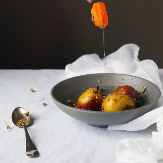 Chamomile poached pears + granola