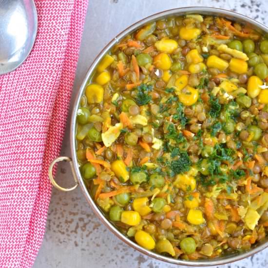 Brown Lentil-Corn-Green Pea Stew