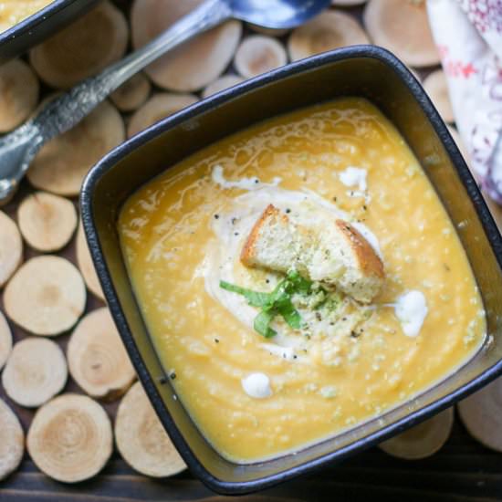 Sweet Potato, Split Pea, and Corn Chowder