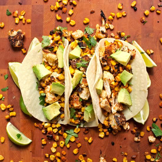 Roasted Corn and Cauliflower Tacos