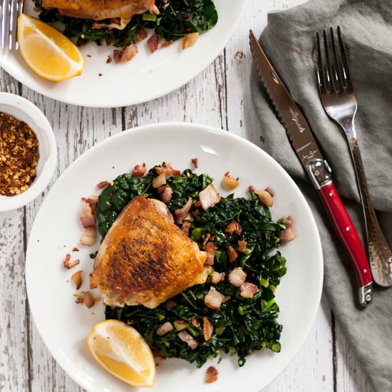 Crispy Chicken Thighs w/ Garlicky Kale