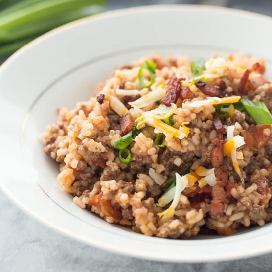 One Pot BBQ Bacon Cheeseburger Rice