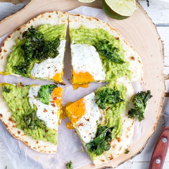 Avocado and egg tortilla pizza