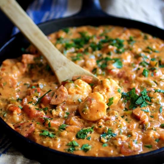 Smothered Shrimp with Andouille