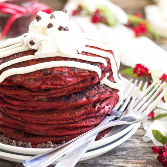 Red Velvet Chocolate Chip Pancakes