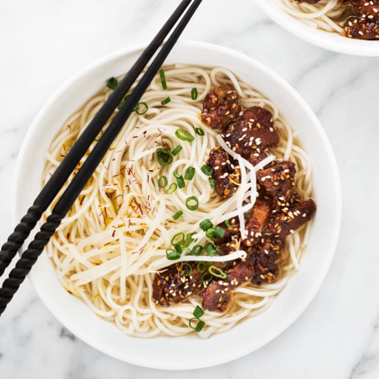Miso-Coated Pork Belly with Noodles