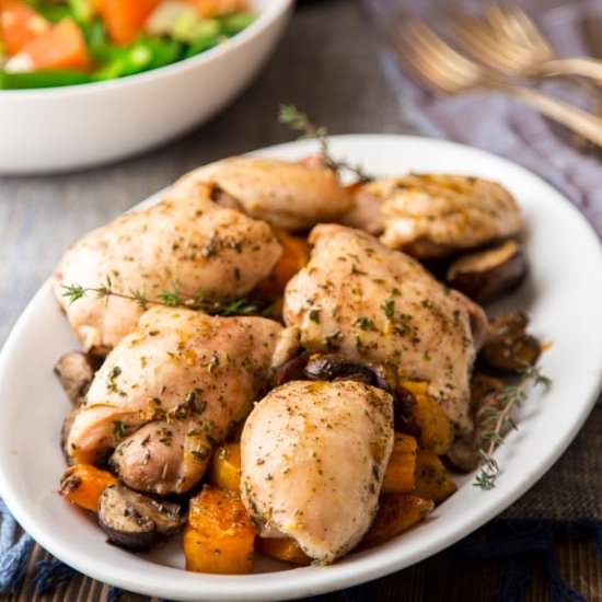 One Pan Chicken, Squash + Mushrooms