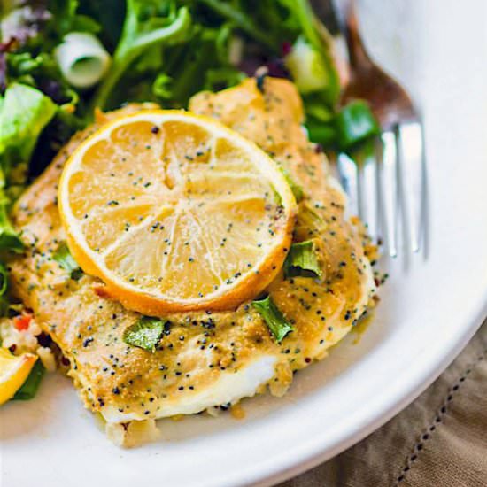 Maple Mustard Poppy Seed Baked Cod