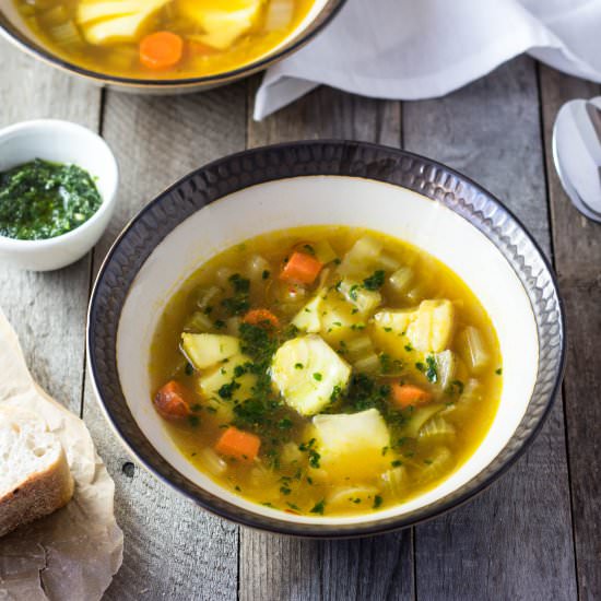 Fennel Leek Fish Stew with Pesto