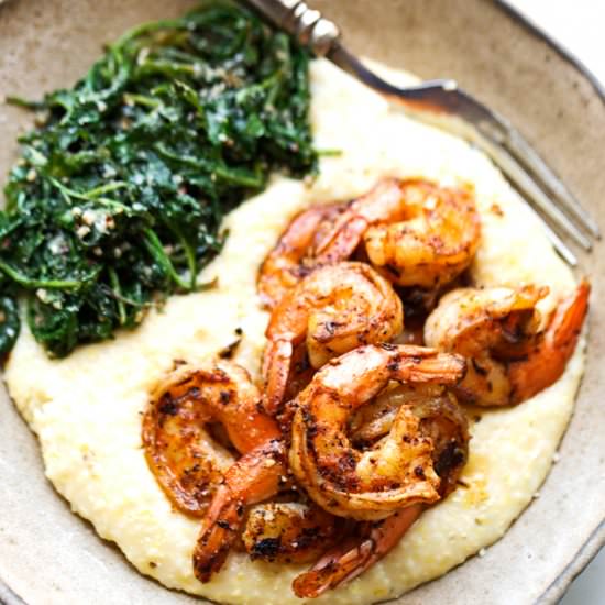 Cajun Shrimp and Grits with Garlic Kale