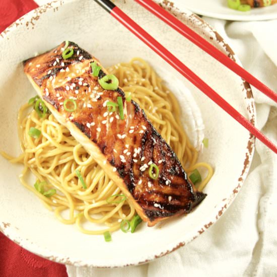 Miso Salmon over Sesame Noodles