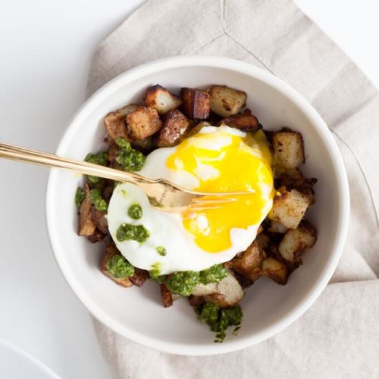 Potato Egg Hash and Walnut Pesto