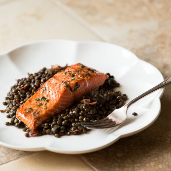 Salmon Over Lentils with Pancetta