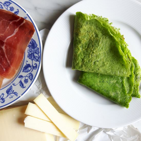 Spinach Crêpes with Gruyère and Ham