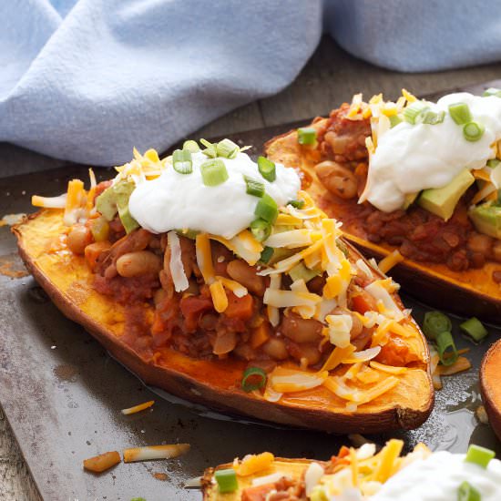 Vegan Chili Stuffed Sweet Potatoes