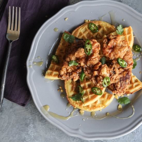 Chicken fried venison and waffles