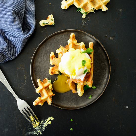 Spelt Waffles, Salmon and Eggs