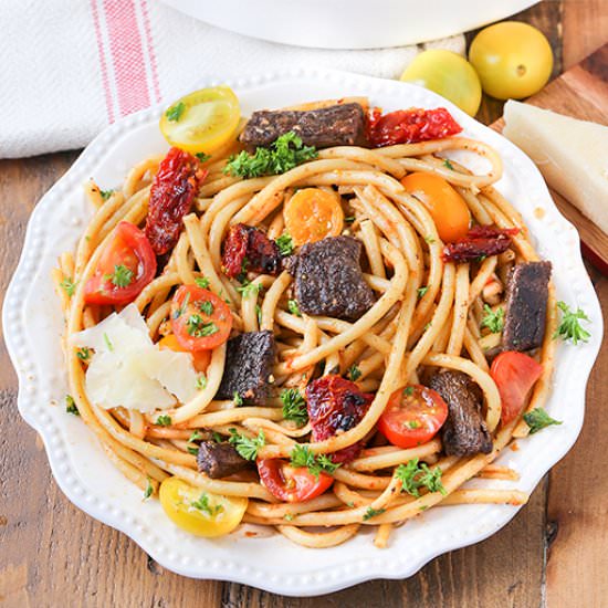 One Pot Steak Bucatini Pasta
