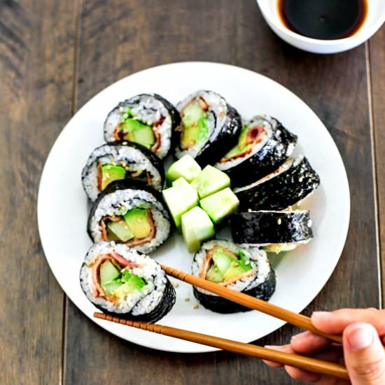 Bacon Avocado Cucumber Sushi Rolls