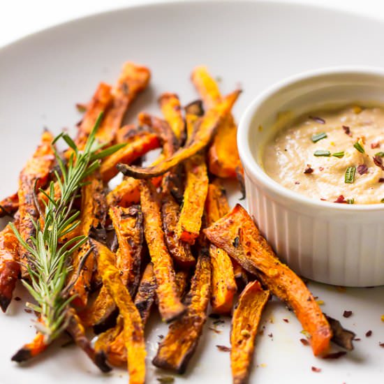 Carrot Fries with Harissa Tahini
