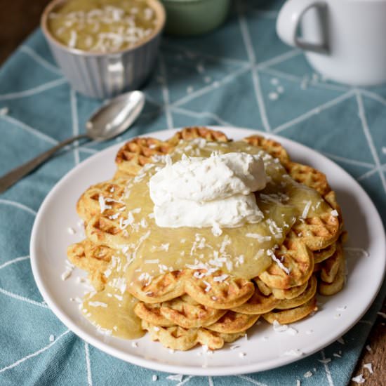 Coconut waffles with rhubarb