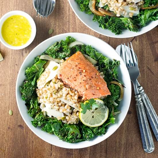 Charred Kale and Farro with Salmon