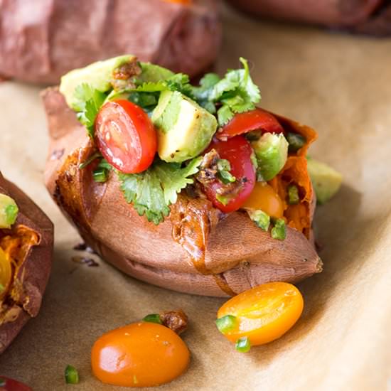 Baked Sweet Potato with Tomato Avocado