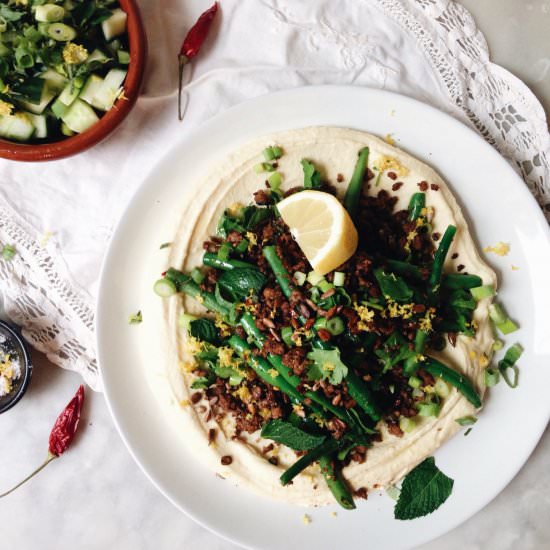 Spiced Mince, Green Beans, and Hummus Salad