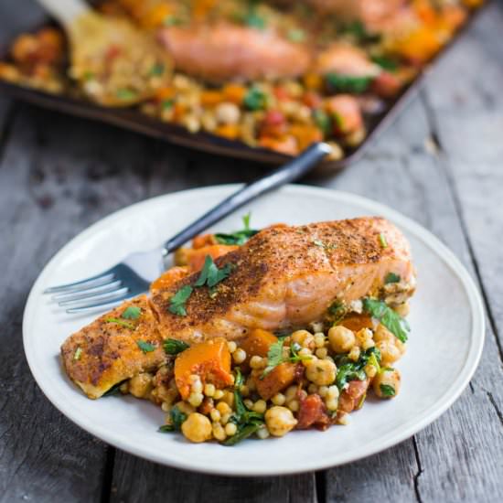 One Pan Salmon, Squash, & Couscous